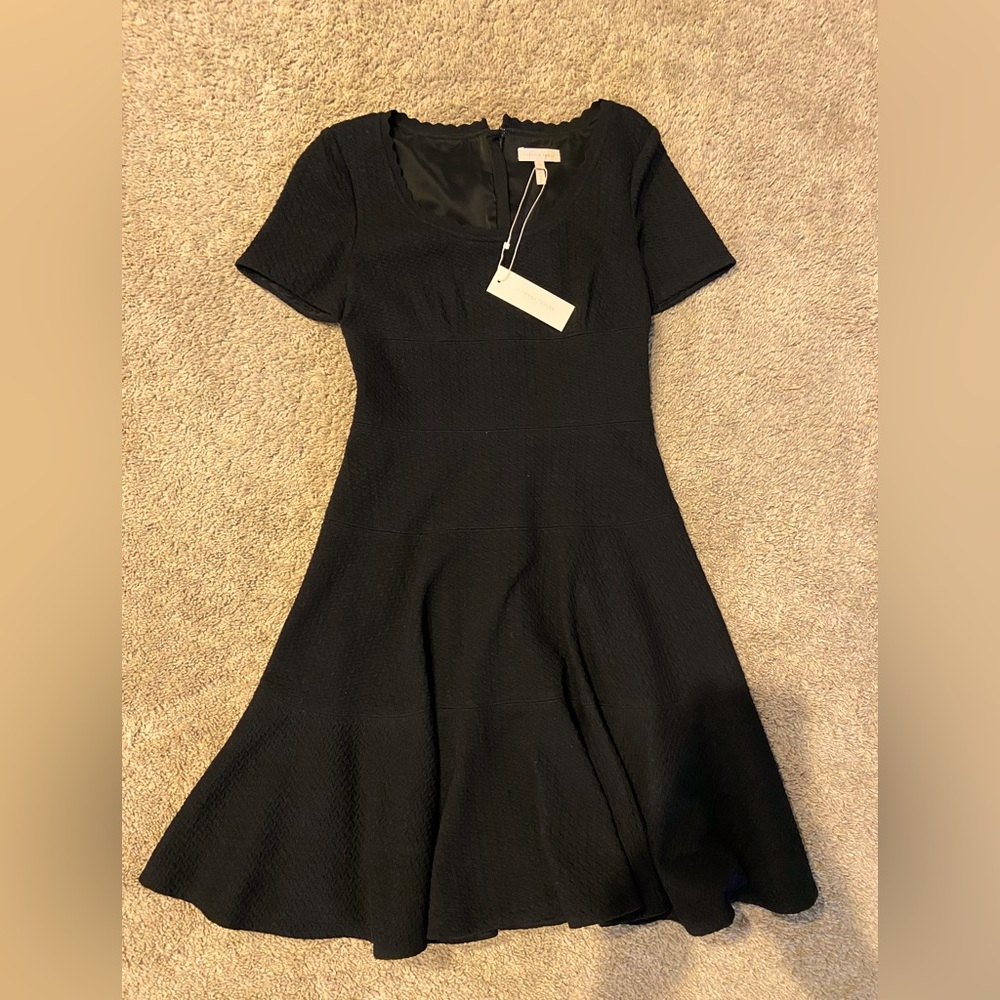 Rebecca Taylor Textured Short Sleeve Black Dress Scallop Neckline Size 0